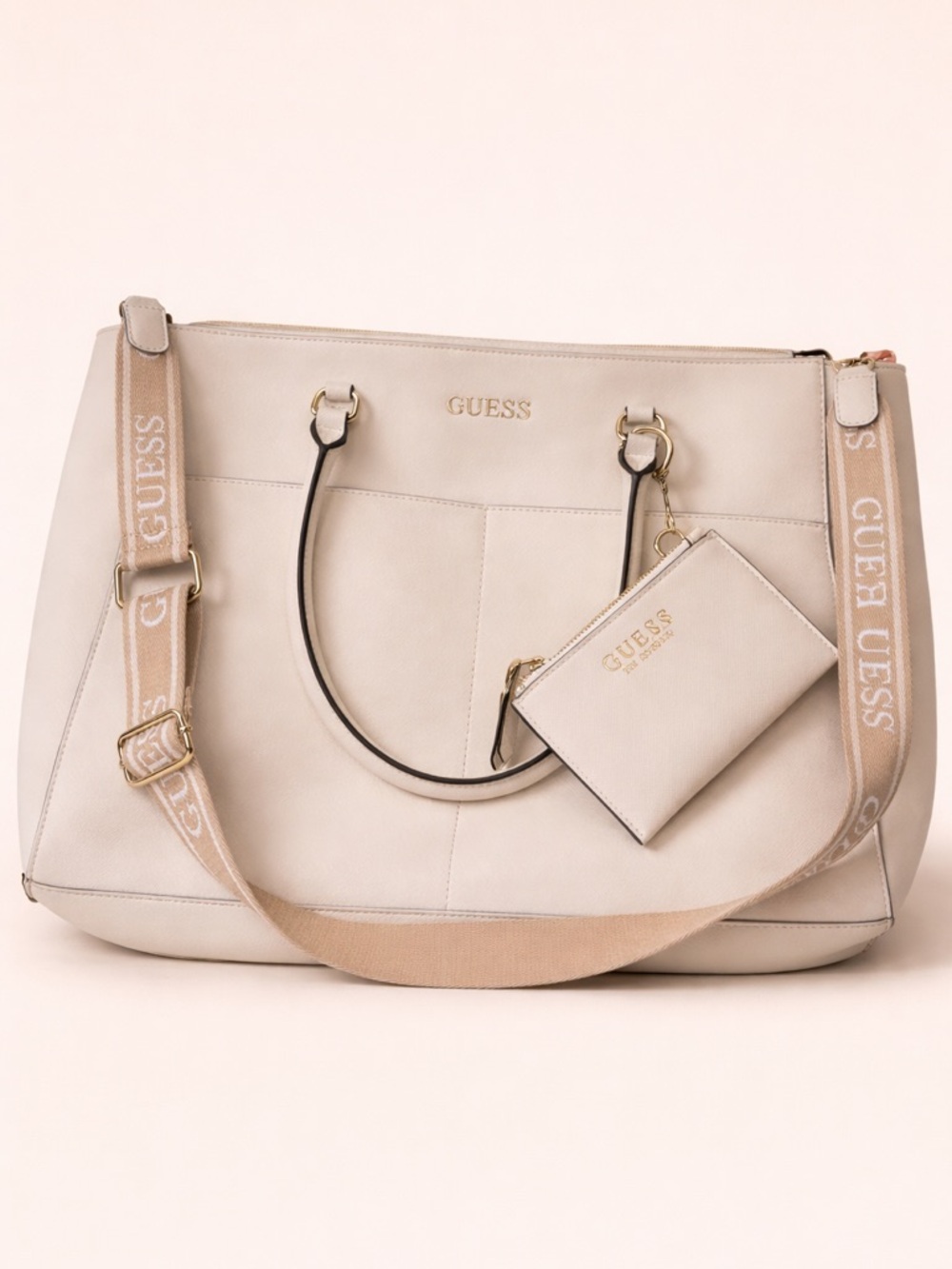 GUESS Cream Tote with Branded Beige Strap and Matching Pouch